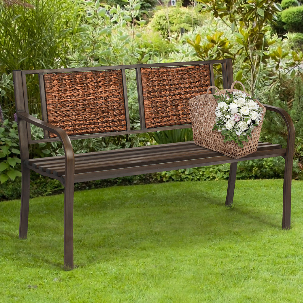 Patio Garden Bench Steel Frame Rattan Backrest P293