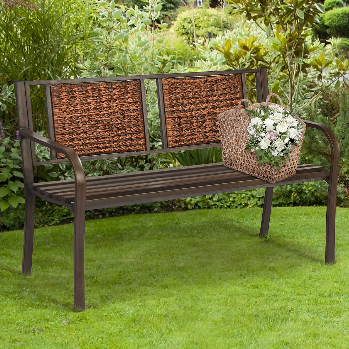 Patio Garden Bench Steel Frame Rattan Backrest P293