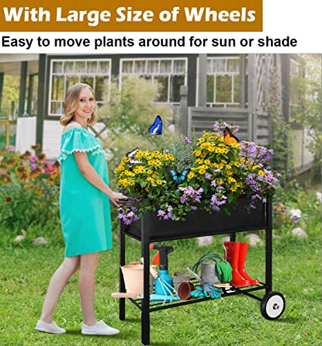 Black Raised Planter Bed Box with Legs on Wheels V14934