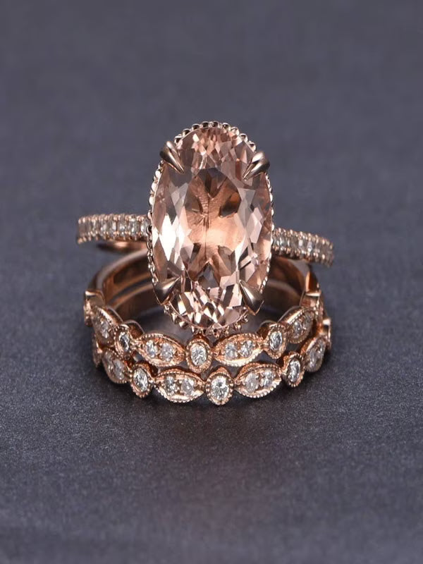 Morganite and Diamond Trio Ring Set in 10k Rose Gold J815