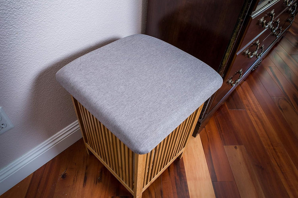 Bamboo Laundry Storage Basket Ottoman 21 Inch Tall Brown and White A719