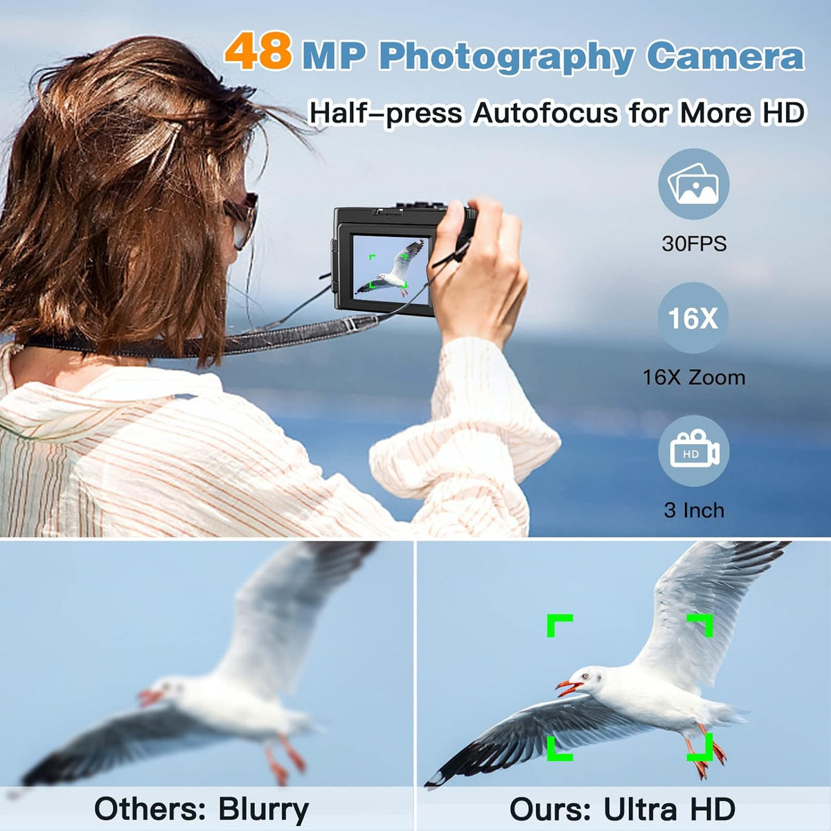 48MP 4K Digital Camera with 16X Digital Zoom, 3'' Flip Screen, Flash, SD Card, 2 Batteries V227