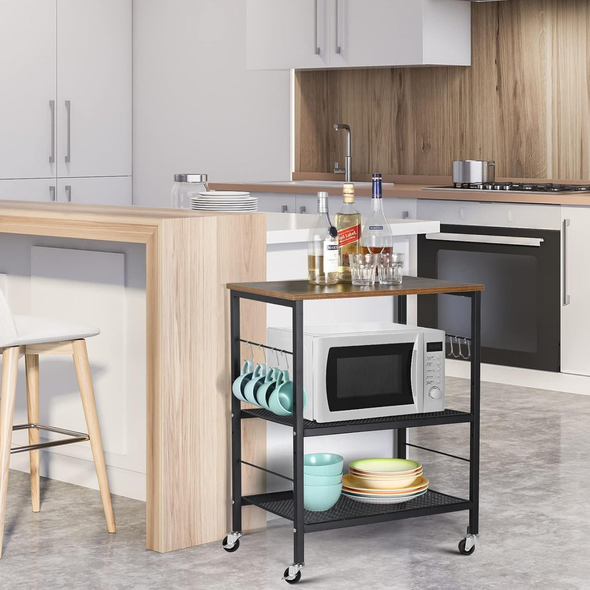 Kitchen Island on Wheels with Storage 3 Tier Microwave Oven Stand Rolling Utility Cart with 10 Hooks B701