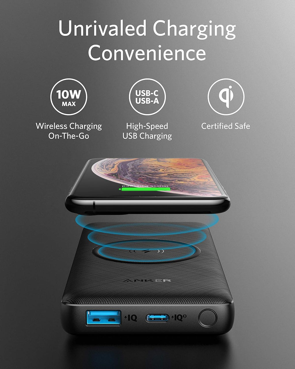 10,000 mAh Wireless Portable Charger with Qi-Certified 10W Wireless Charging and 18W USB-C Quick Charge E45948