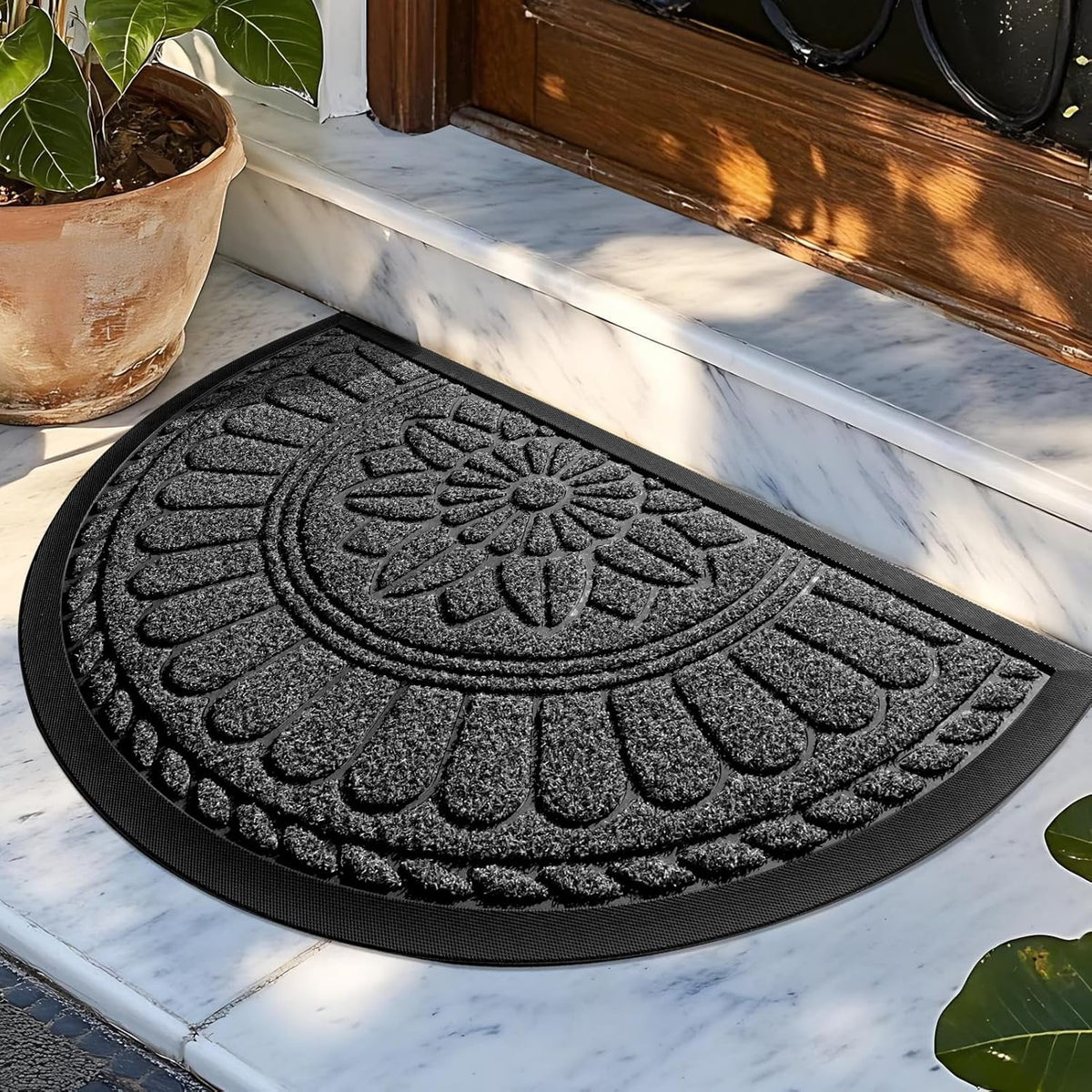 Half Round Door Mat, Non-Slip Rubber Low-Profile Doormat, 23.5" x 35.5", Gray T576