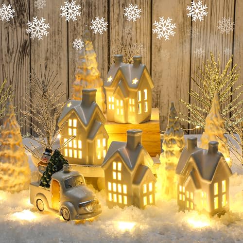 17 Piece Christmas Village Set with 4 LED White Ceramic Houses, 4 Ceramic Trees, Plastic Truck, 7 Branch Trees G59358