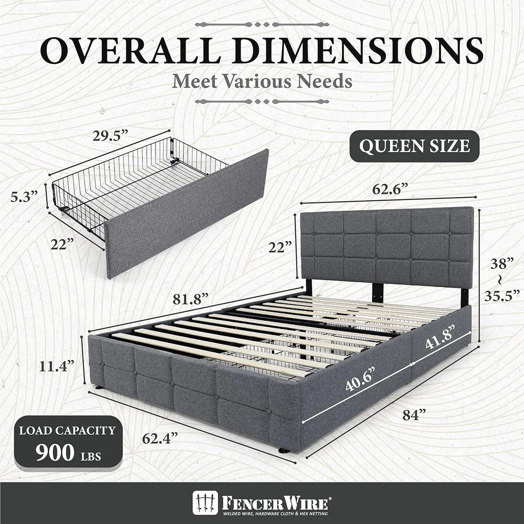 Queen Size Light Grey Upholstered Storage Bed Frame with 4 Drawers U940906
