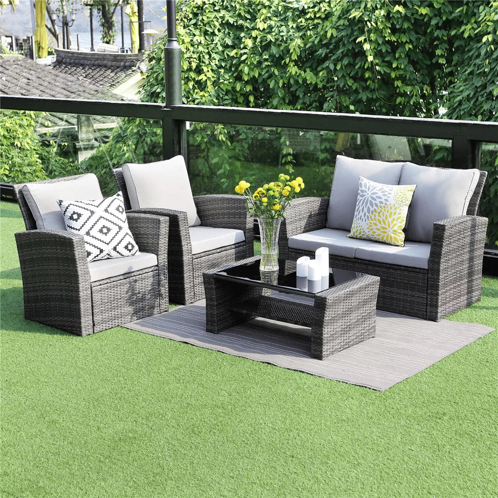 4 Pcs Brown Wicker Patio Conversation Sofa Set with Coffee Table B91999