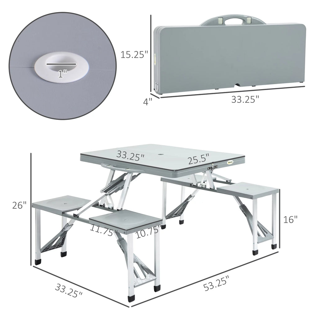Portable Foldable 4-Person Picnic Table with Seats and Umbrella Hole, Grey H503
