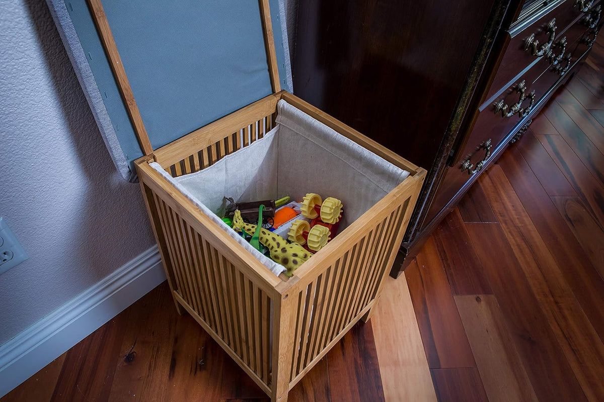 Bamboo Laundry Storage Basket Ottoman 21 Inch Tall Brown and White A719