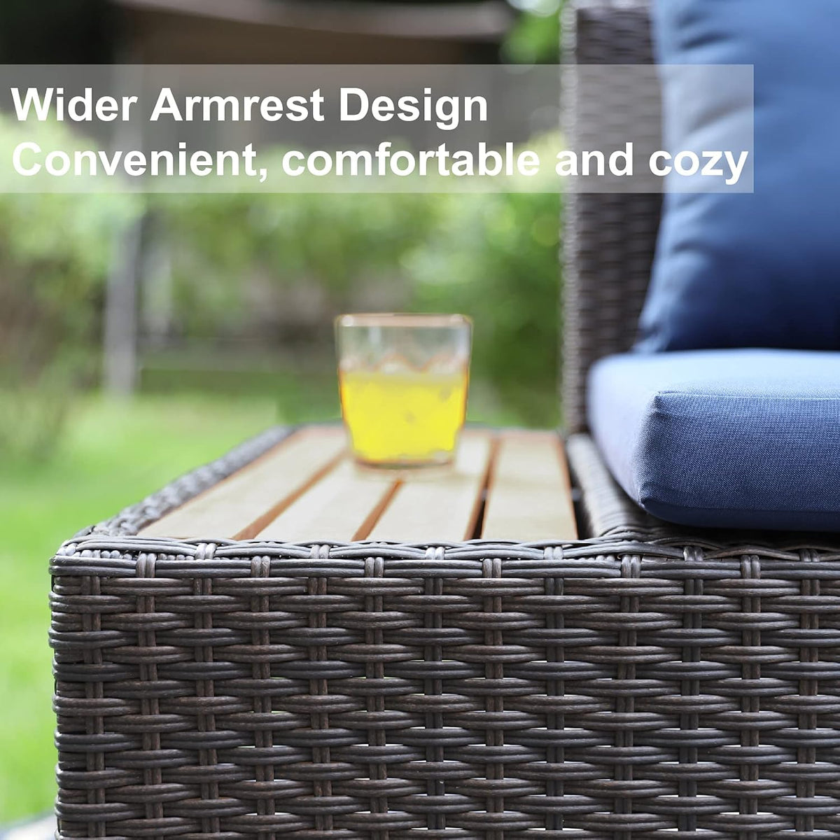3 Pieces Patio Rattan Wicker and Acacia Wood Sectional Sofa Set Navy Blue T827