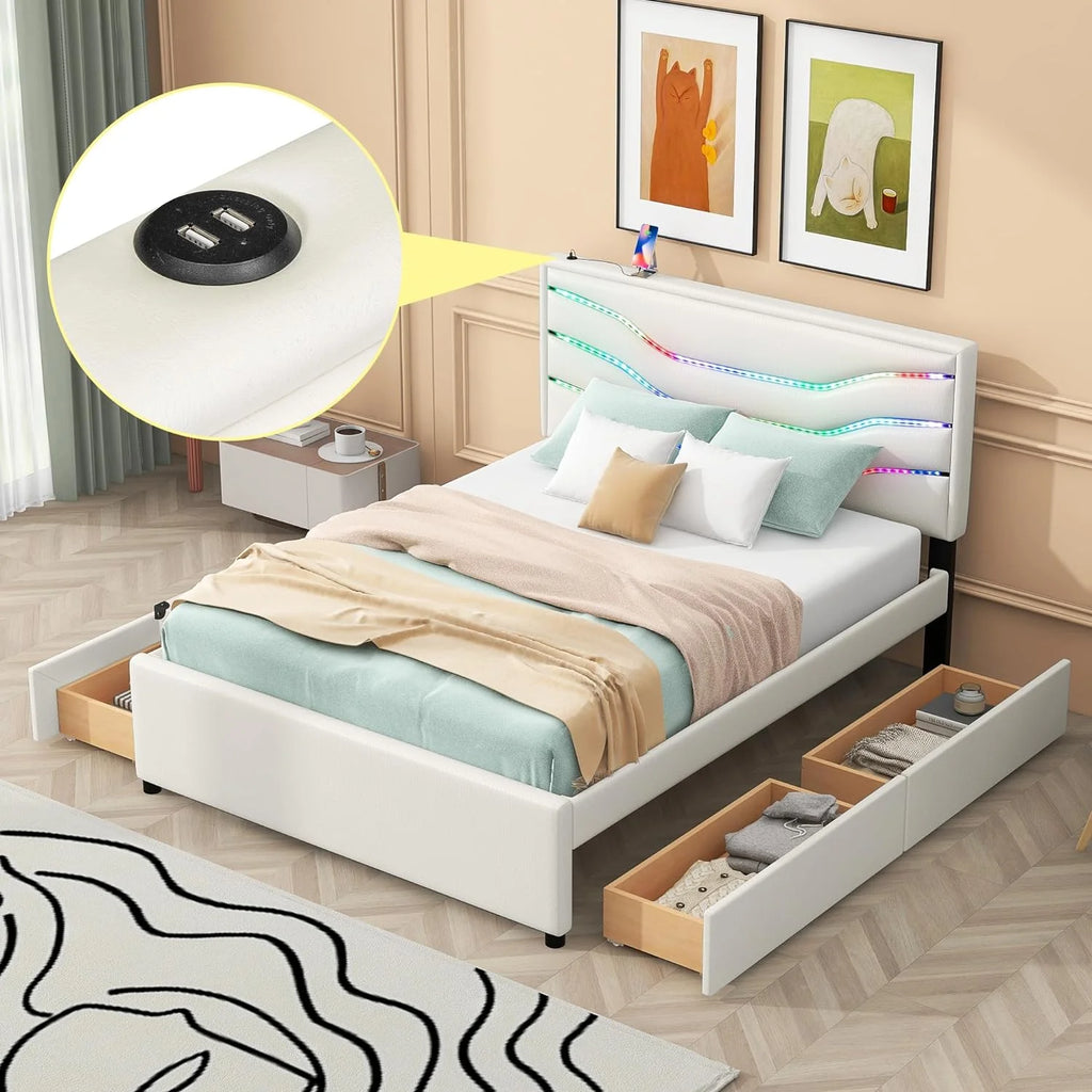 White Queen Upholstered Platform Bed Frame with Storage Drawers Q5176