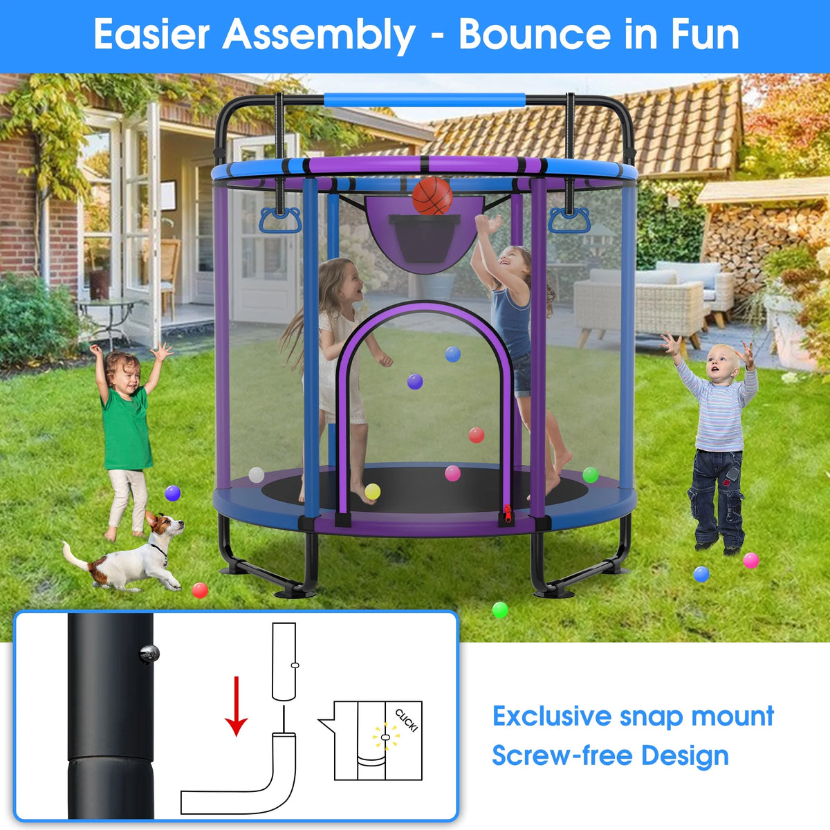 60'' Kids Trampoline with Swing, Enclosure Net and Basketball Hoop U98757