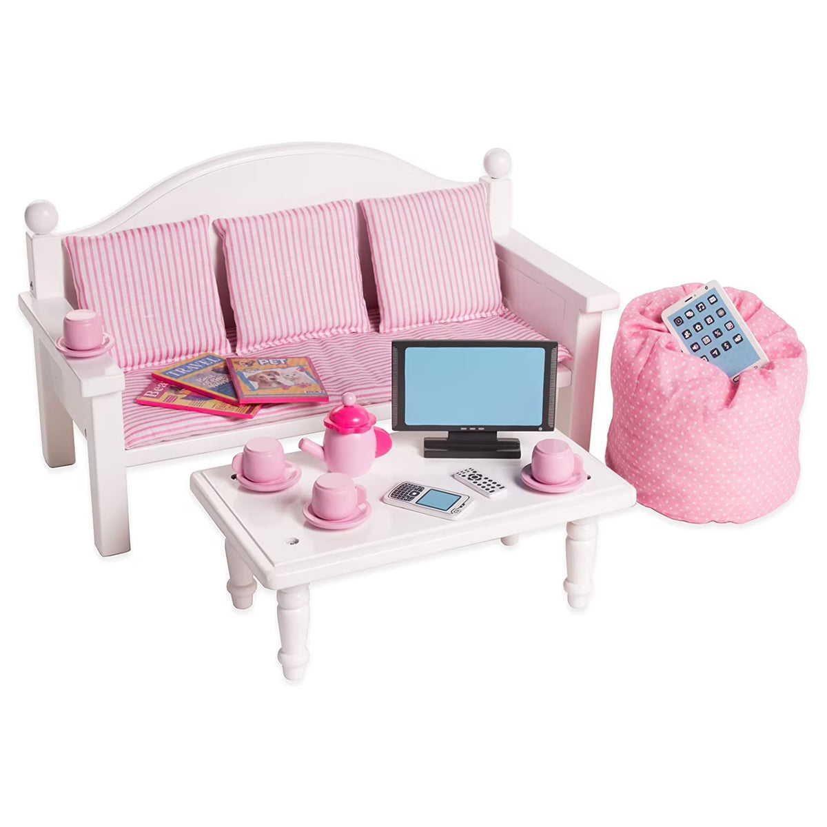 18" Dolls Wood Sofa & Coffee Table with Accessories V180404