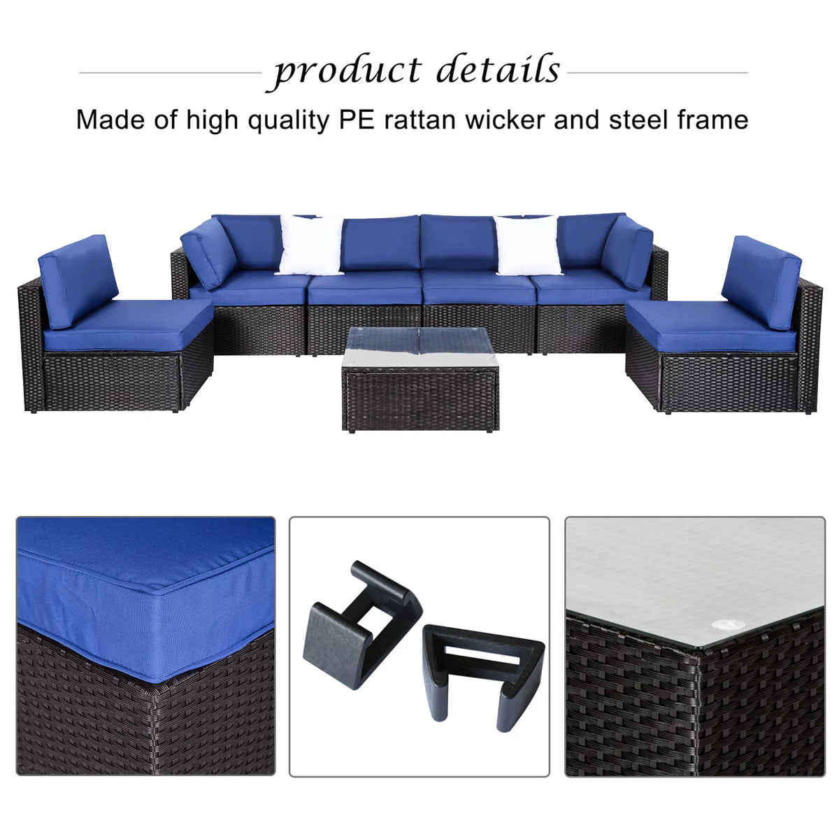 7 Pc Outdoor Rattan Wicker Sectional Sofa Set with Dark Blue Cushions Z334365