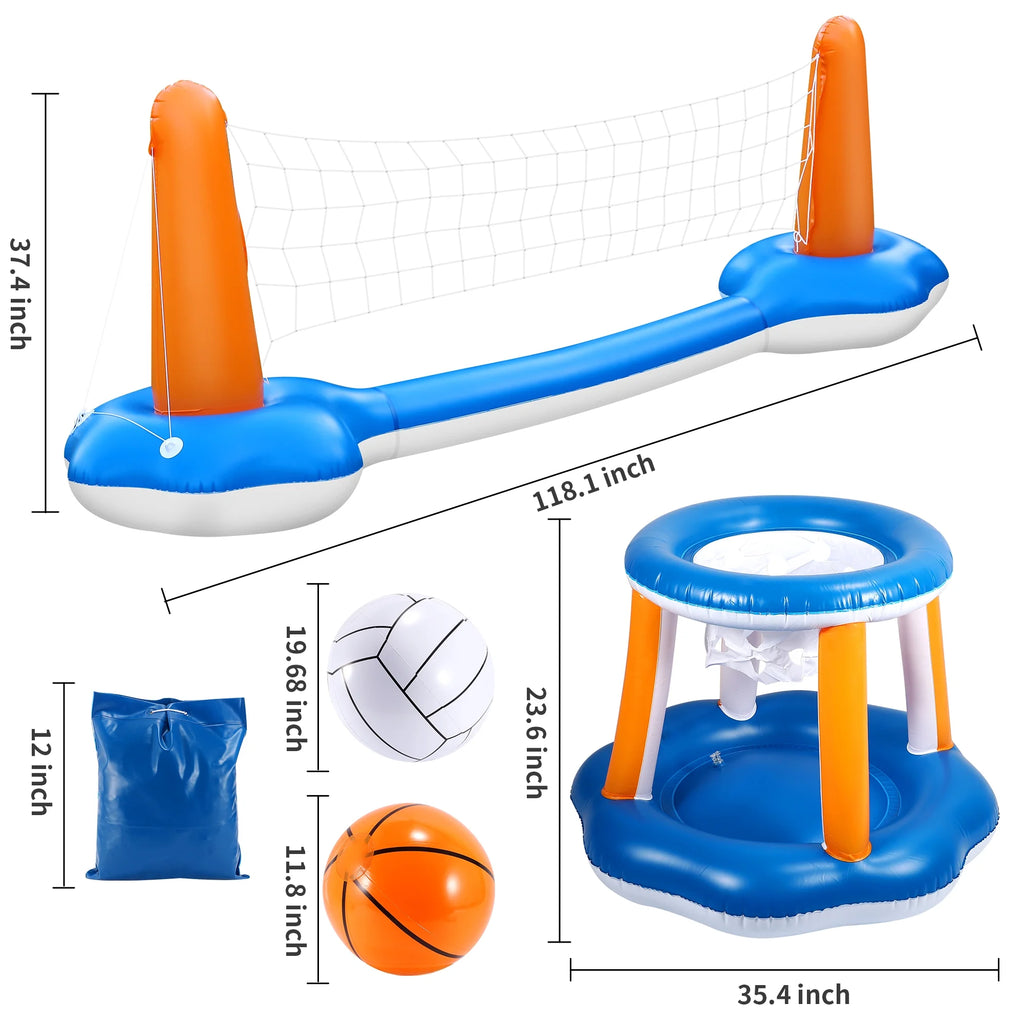 Inflatable Pool Float Set with Volleyball Net & Basketball Hoops P31524