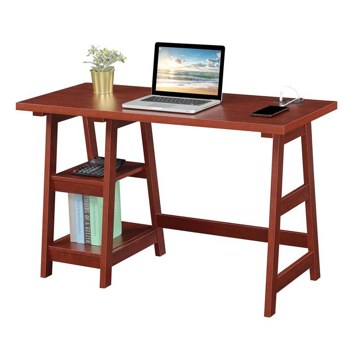 Cherry Wood Trestle Desk with Charging Station and Shelves S792