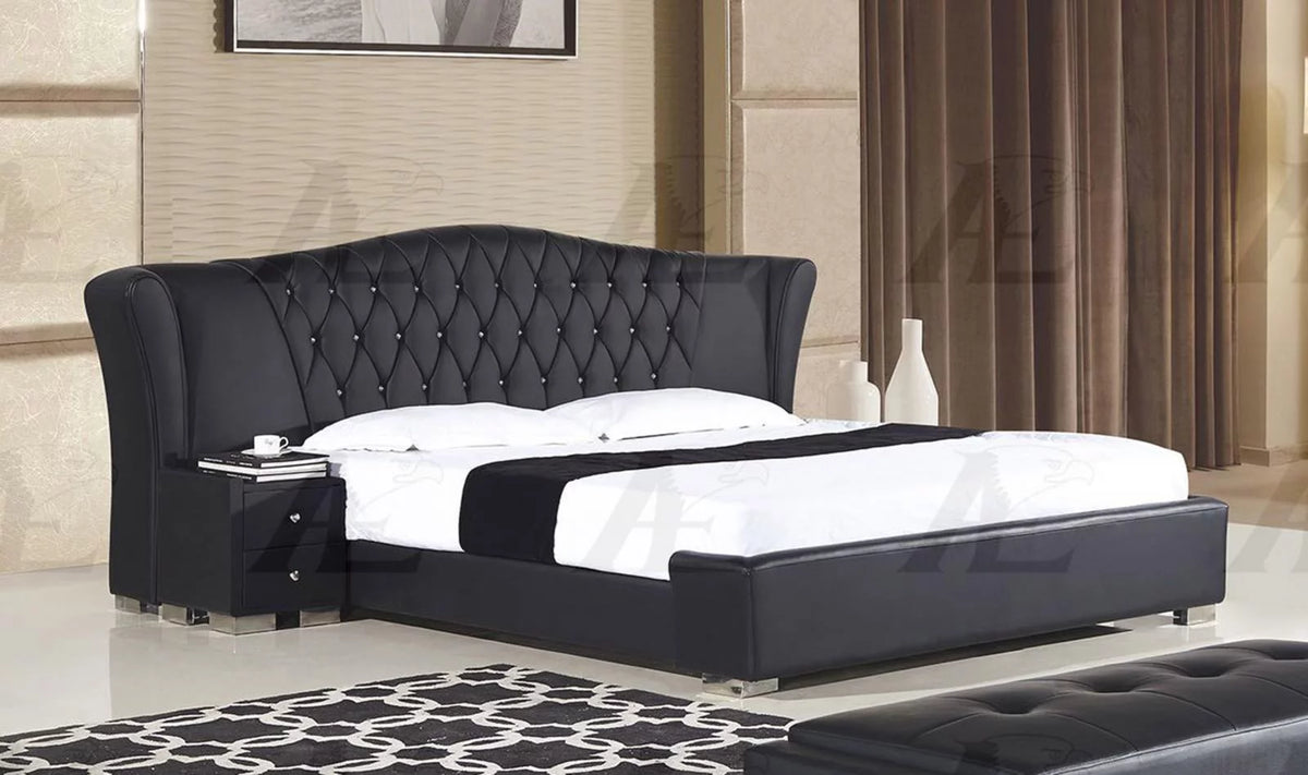 Black PU Cal King Size Bed and 2 Nightstands Set 3Pcs R5615