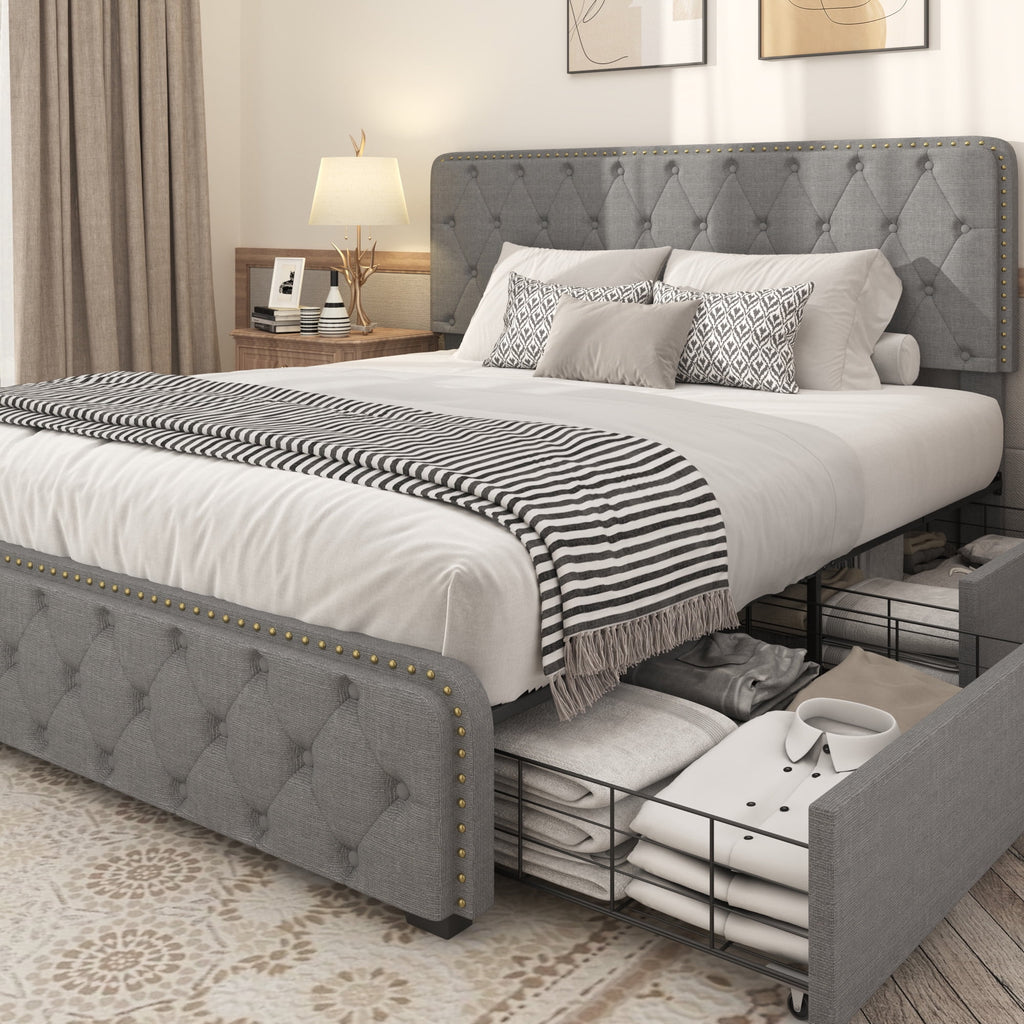 Queen Size Platform Bed Frame with 4 Storage Drawers P8374