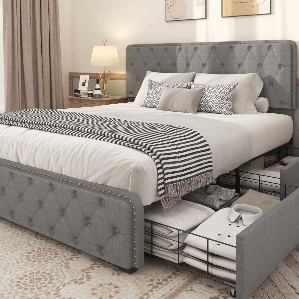 Queen Size Platform Bed Frame with 4 Storage Drawers P8374