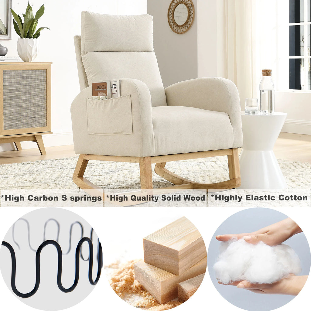 White Fabric Upholstered Rocking Chair with Solid Wood Base and 2 Side Pockets Y5266