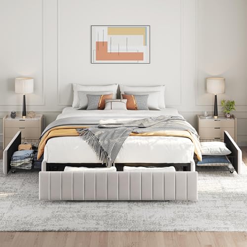 Beige Queen Upholstered Platform Bed Frame with 3 Storage Drawers L66232
