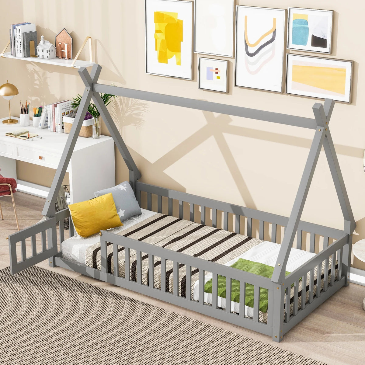 Twin Size Grey Wooden Floor Bed with Guardrail L353
