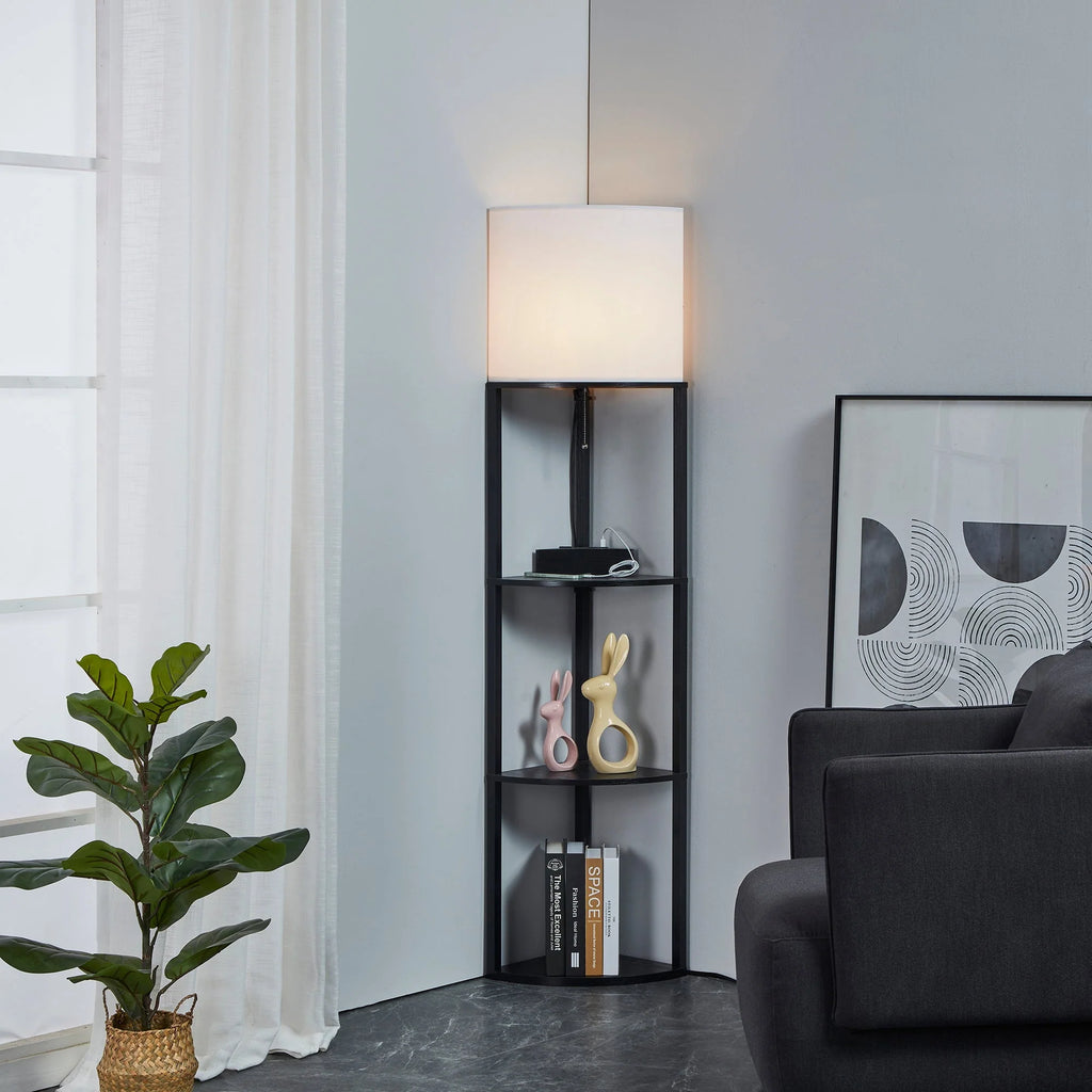 Tall Modern Corner Floor Lamp with Shelves, Natural Wood, 72 Z673050