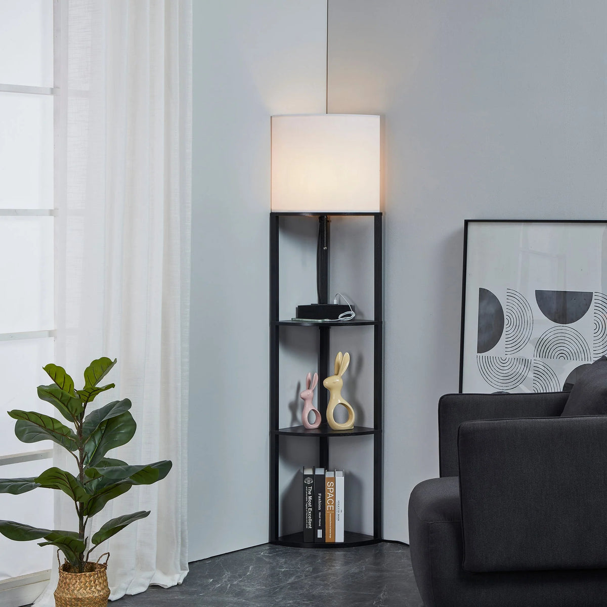 Tall Modern Corner Floor Lamp with Shelves, Natural Wood, 72 Z673050