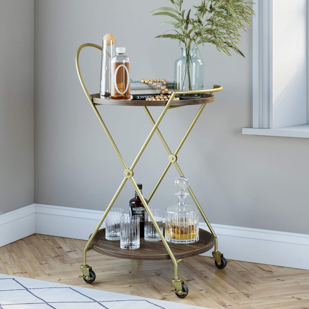 Rolling Bar Tea or Cocktail 2-Tiered Serving Cart Metal Frame Oak Wood Shelf M9266