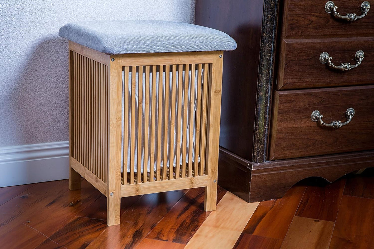 Bamboo Laundry Storage Basket Ottoman 21 Inch Tall Brown and White A719