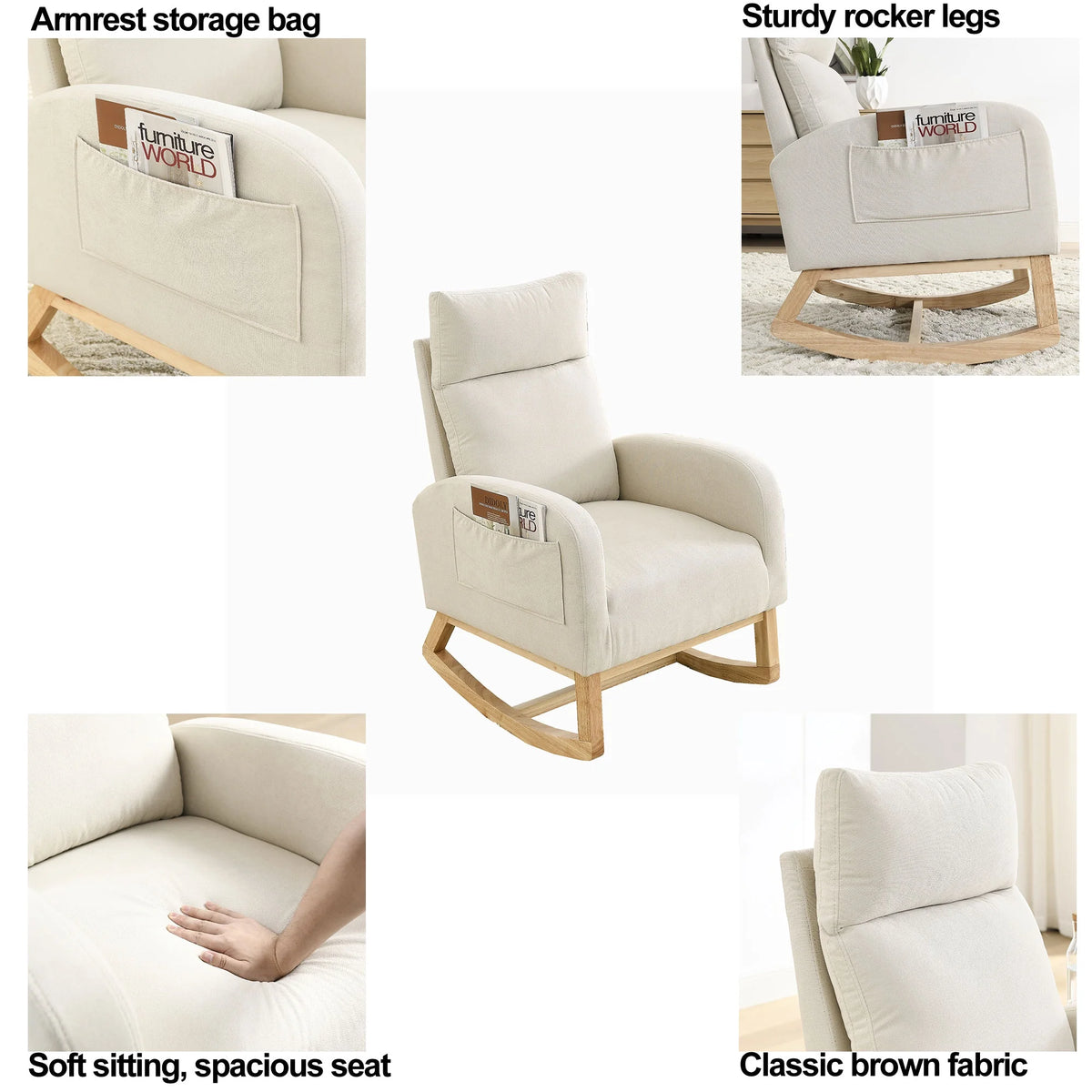 White Fabric Upholstered Rocking Chair with Solid Wood Base and 2 Side Pockets Y5266
