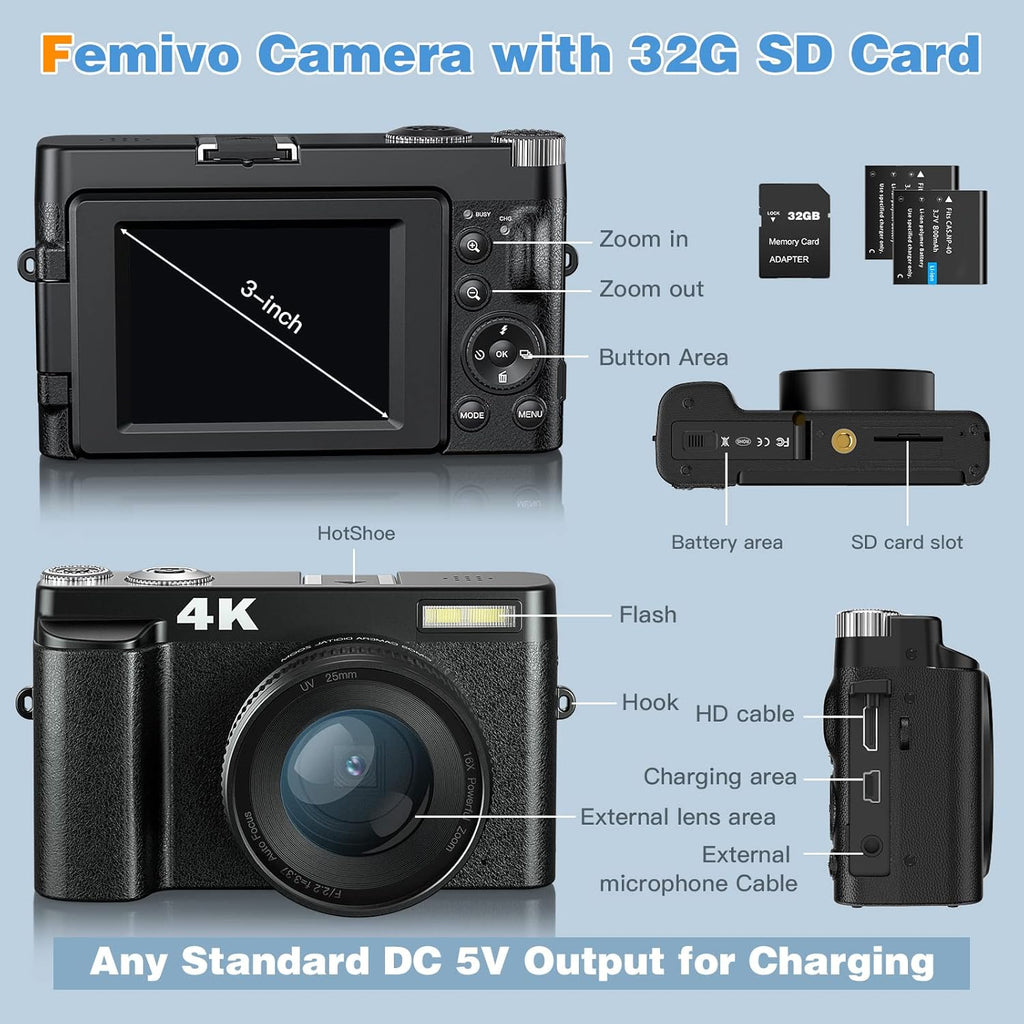 48MP 4K Digital Camera with 16X Digital Zoom, 3'' Flip Screen, Flash, SD Card, 2 Batteries V227