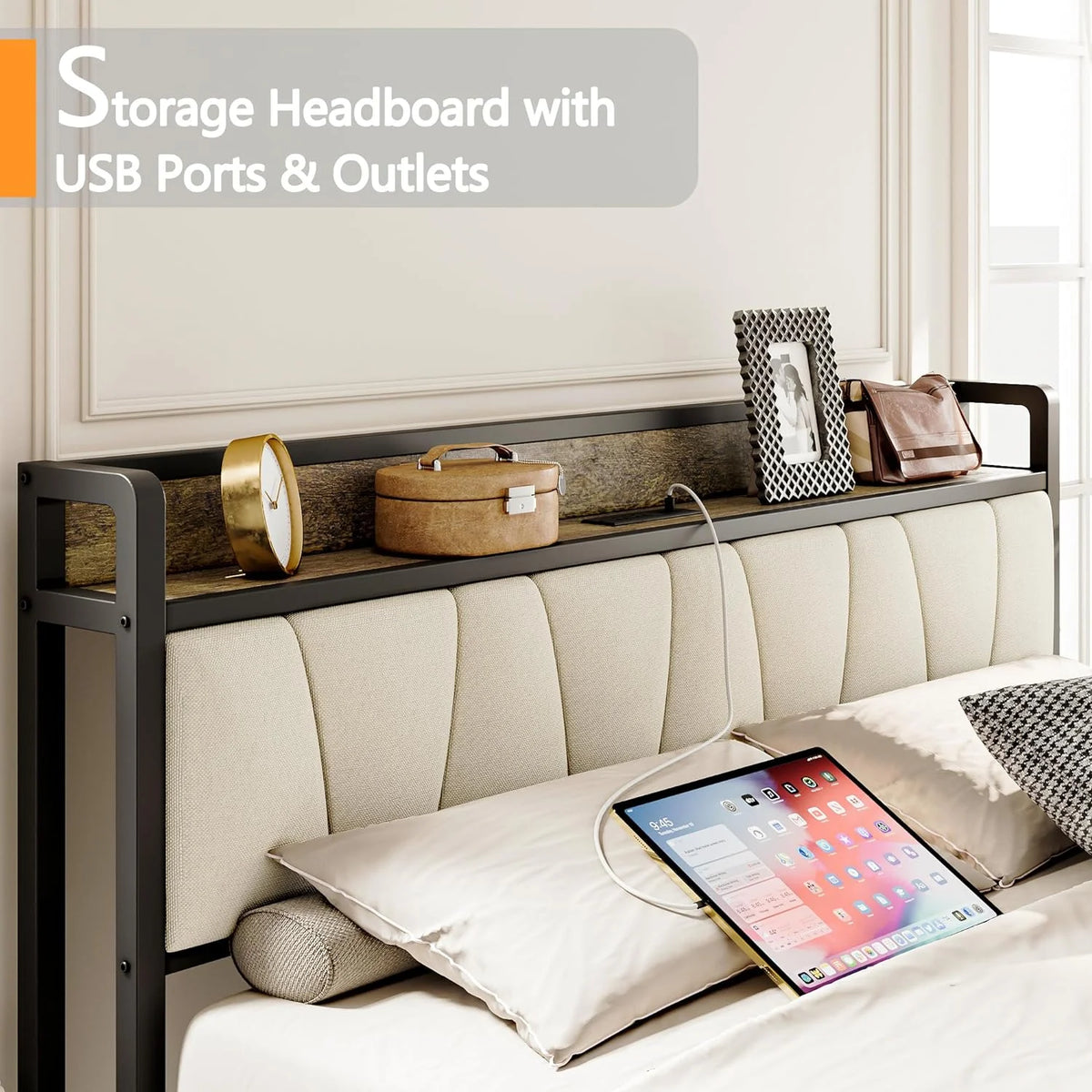 King Bed Frame with Storage Headboard and Charging Station R71304