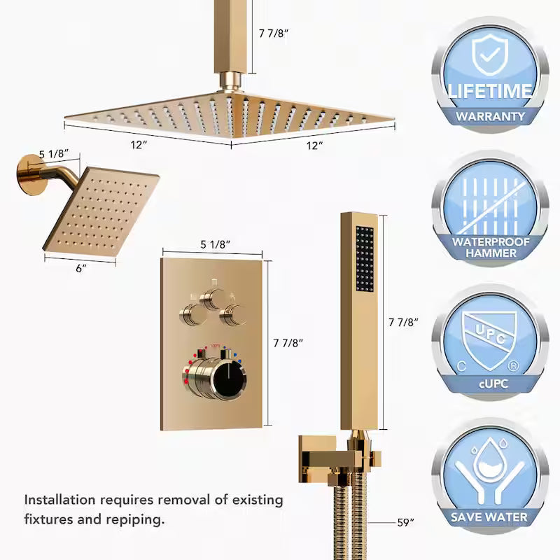 12 in. 6 in. Rainfall Wall and Ceiling Mount 2.5 GPM Fixed and Handheld Shower Head X5011