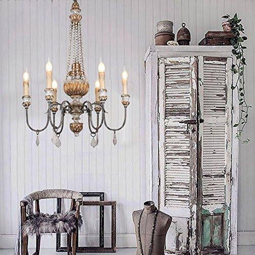 Retro Rustic 6-Light Wood Metal Crystal Candle Style Chandelier N52511