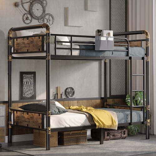 2 IN 1 Metal Bunk Bed Twin Over Twin, Convertible into 2 Individual Twin Size Bed, Vintage Brown W21903