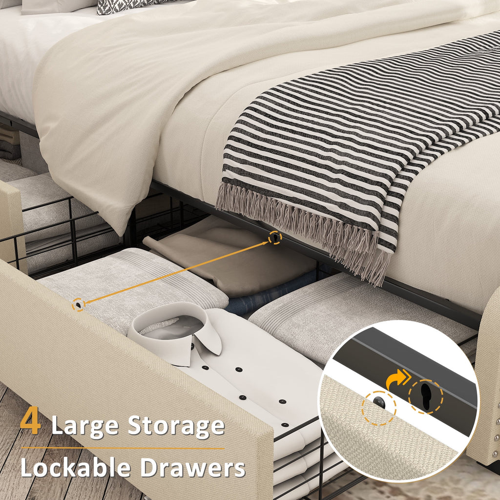 Queen Size Platform Bed Frame with 4 Storage Drawers P8374