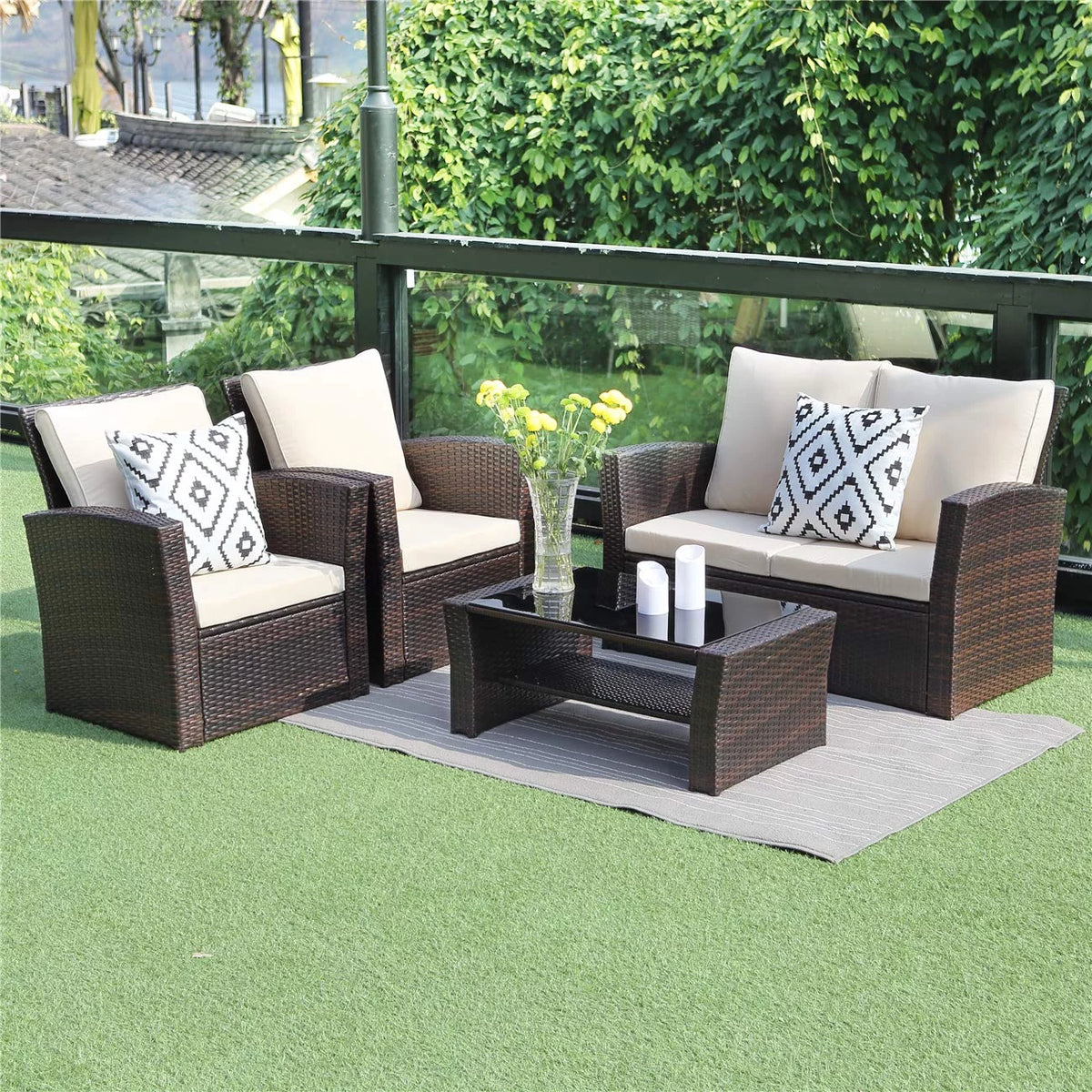 4 Pcs Brown Wicker Patio Conversation Sofa Set with Coffee Table B91999