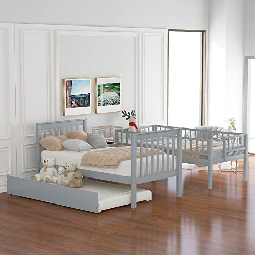 Gray Twin Over Twin Solid Wood Bunk Bed with Stairs and Trundle A438