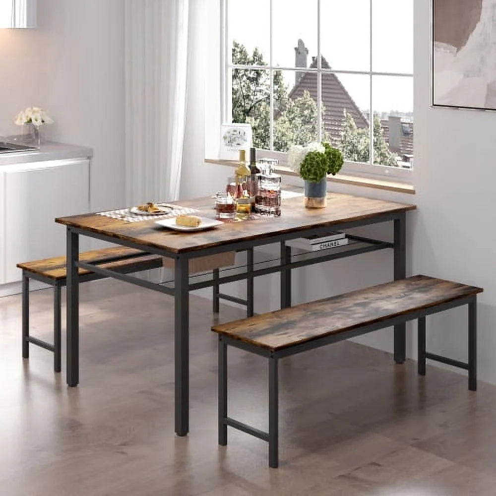 3 Pieces Farmhouse Kitchen Table Set with Two Benches A807
