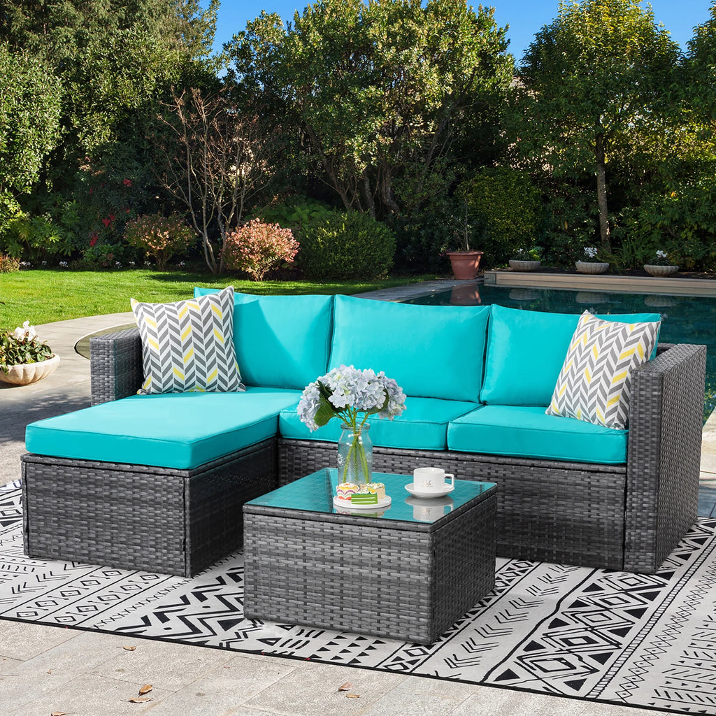 3 Piece Aegean Blue Black Rattan Wicker Sectional Sofa V611