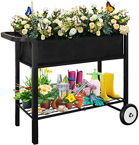 Black Raised Planter Bed Box with Legs on Wheels V14934