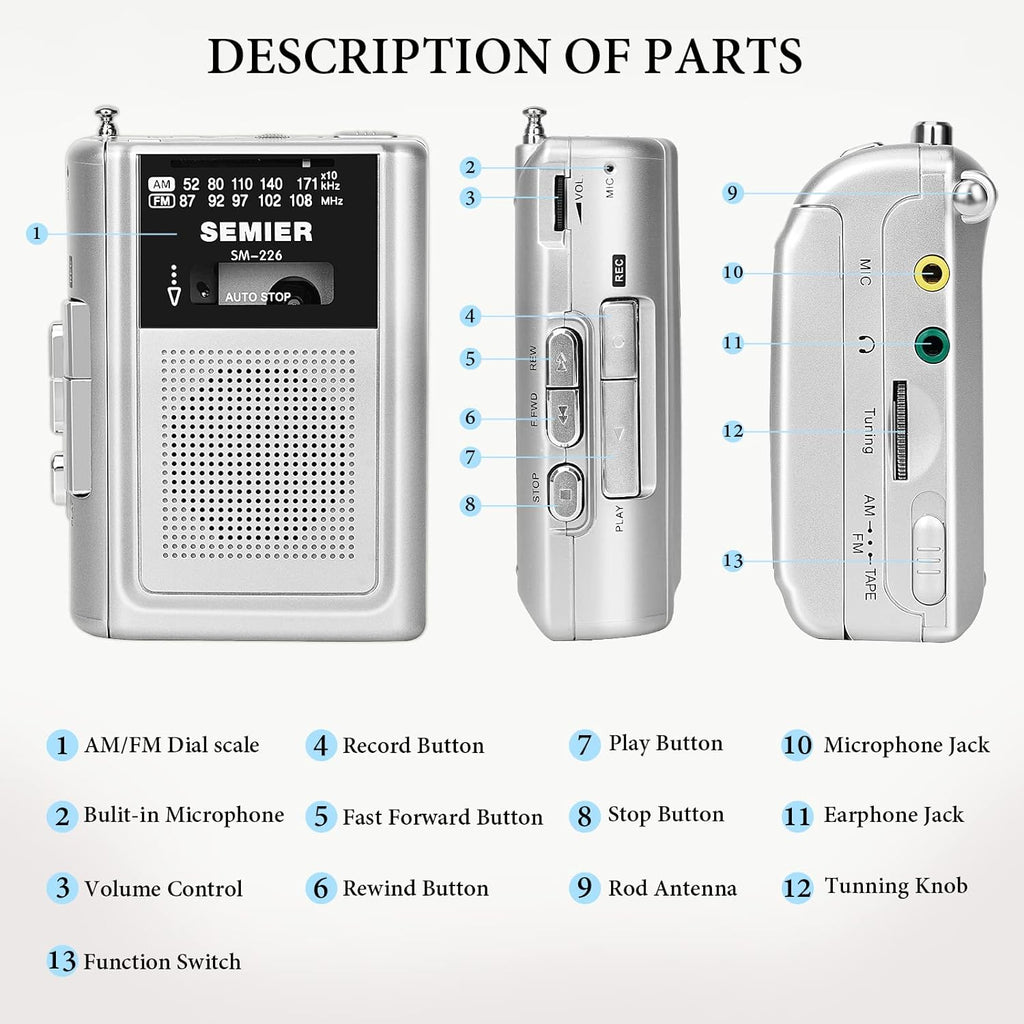 Silver Portable Cassette Player Recorder AM FM Radio Stereo with Built in Speaker and Earphones I490