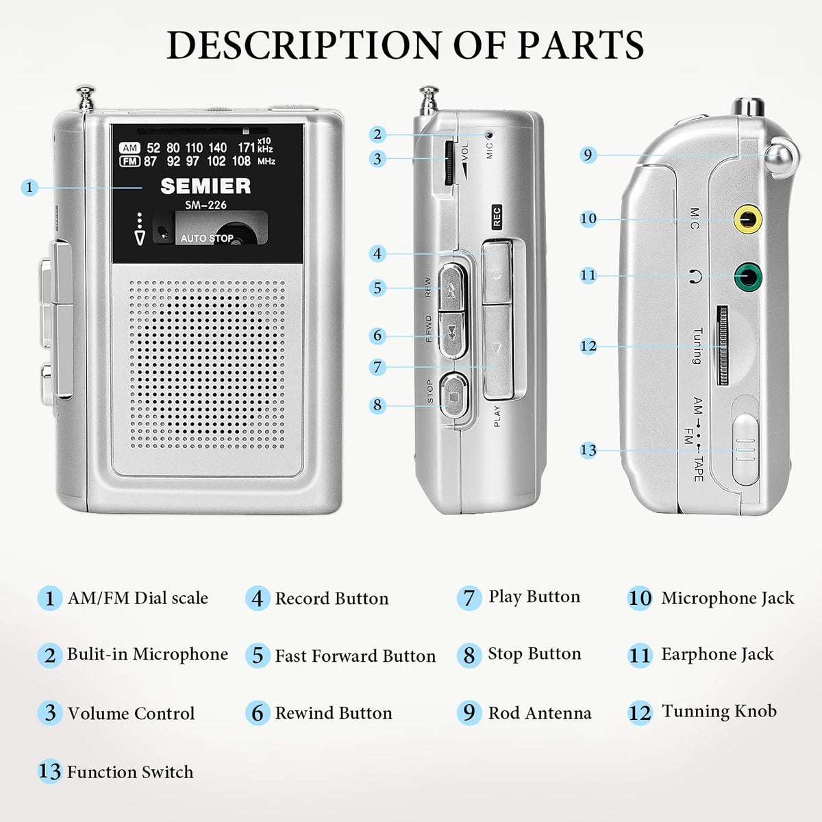 Silver Portable Cassette Player Recorder AM FM Radio Stereo with Built in Speaker and Earphones I490