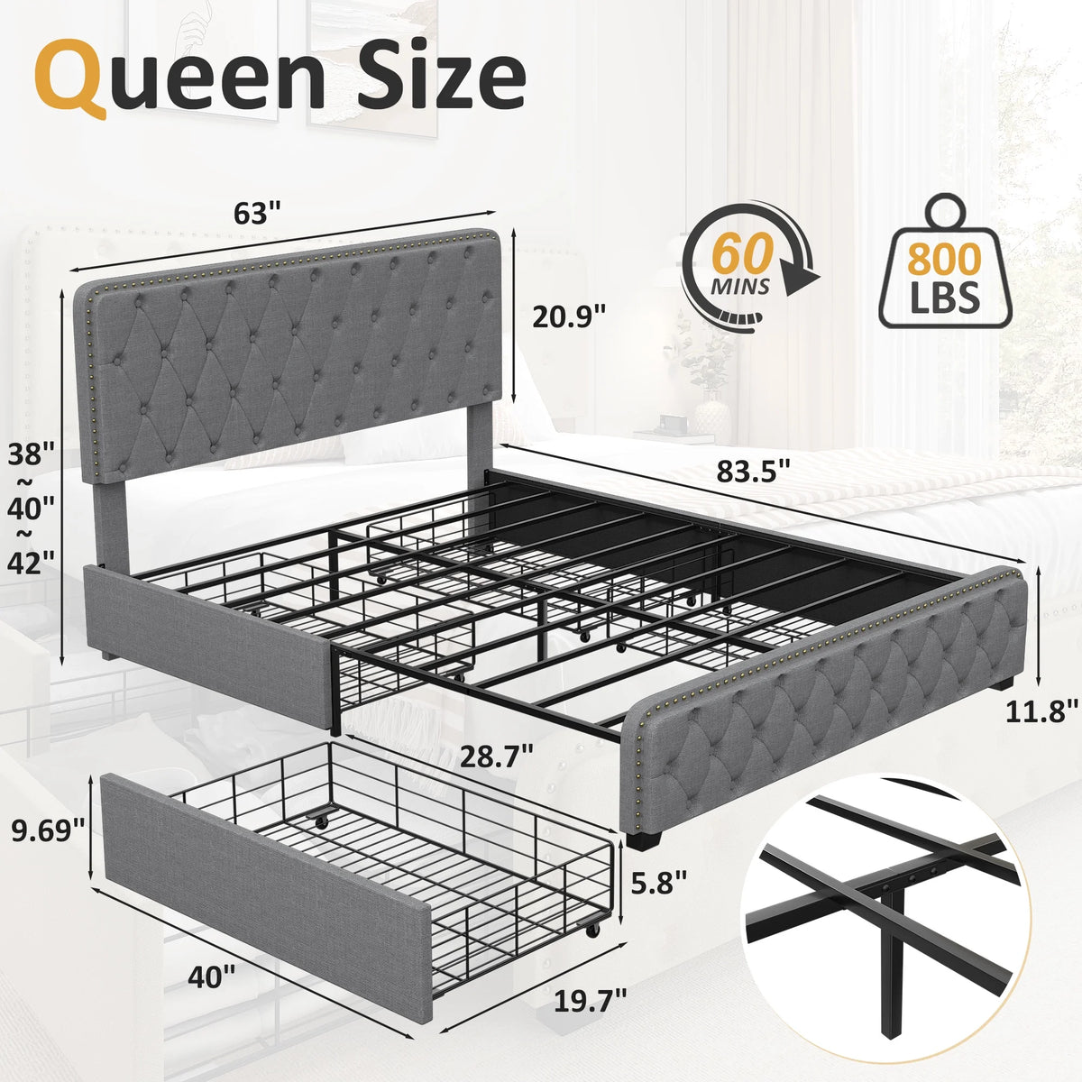 Queen Size Platform Bed Frame with 4 Storage Drawers P8374