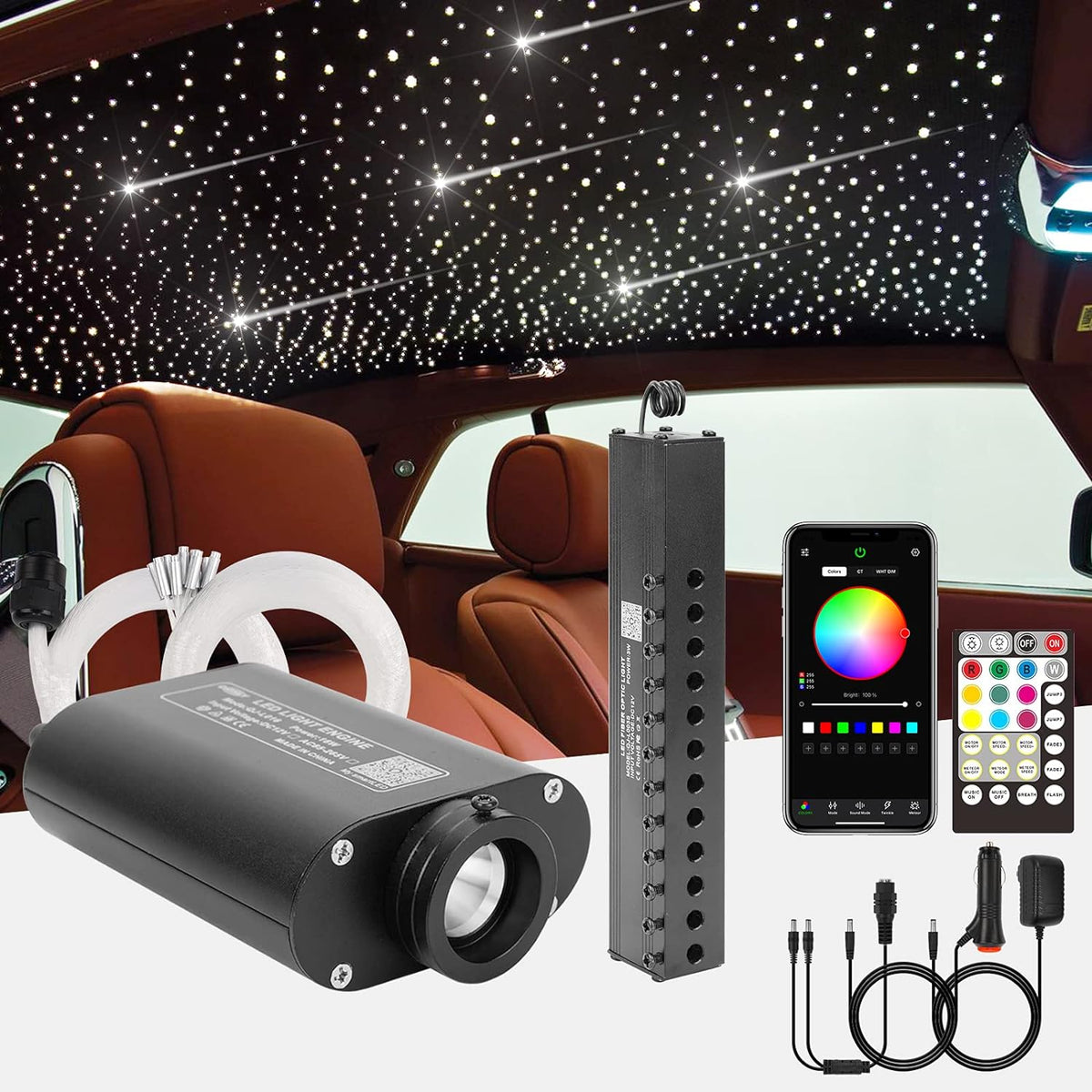 16W 450pcs 9.8ft RGBW LED Fiber Optic Headliner Light Kit with Adapter and Cigarette Lighter I5193