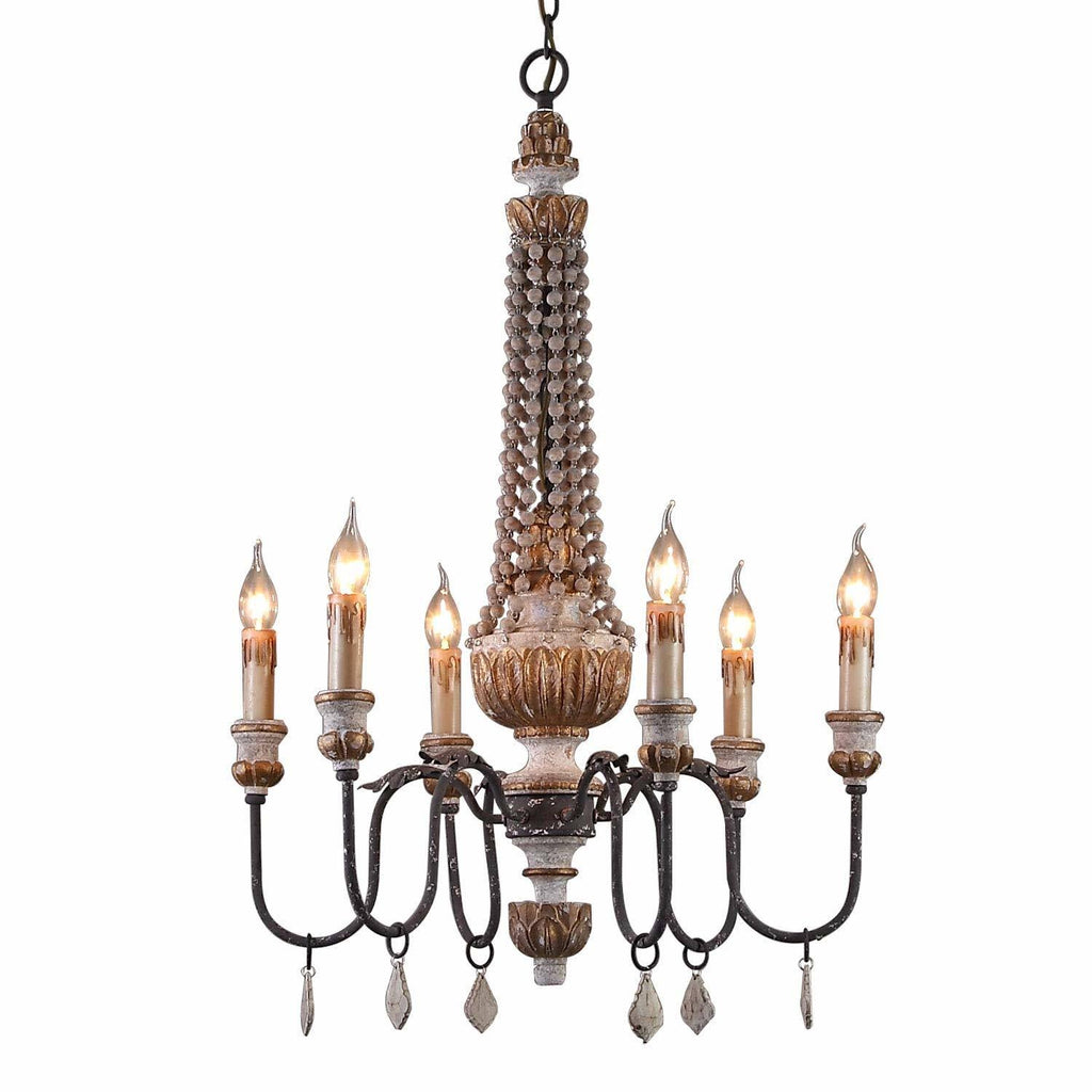 Retro Rustic 6-Light Wood Metal Crystal Candle Style Chandelier N52511