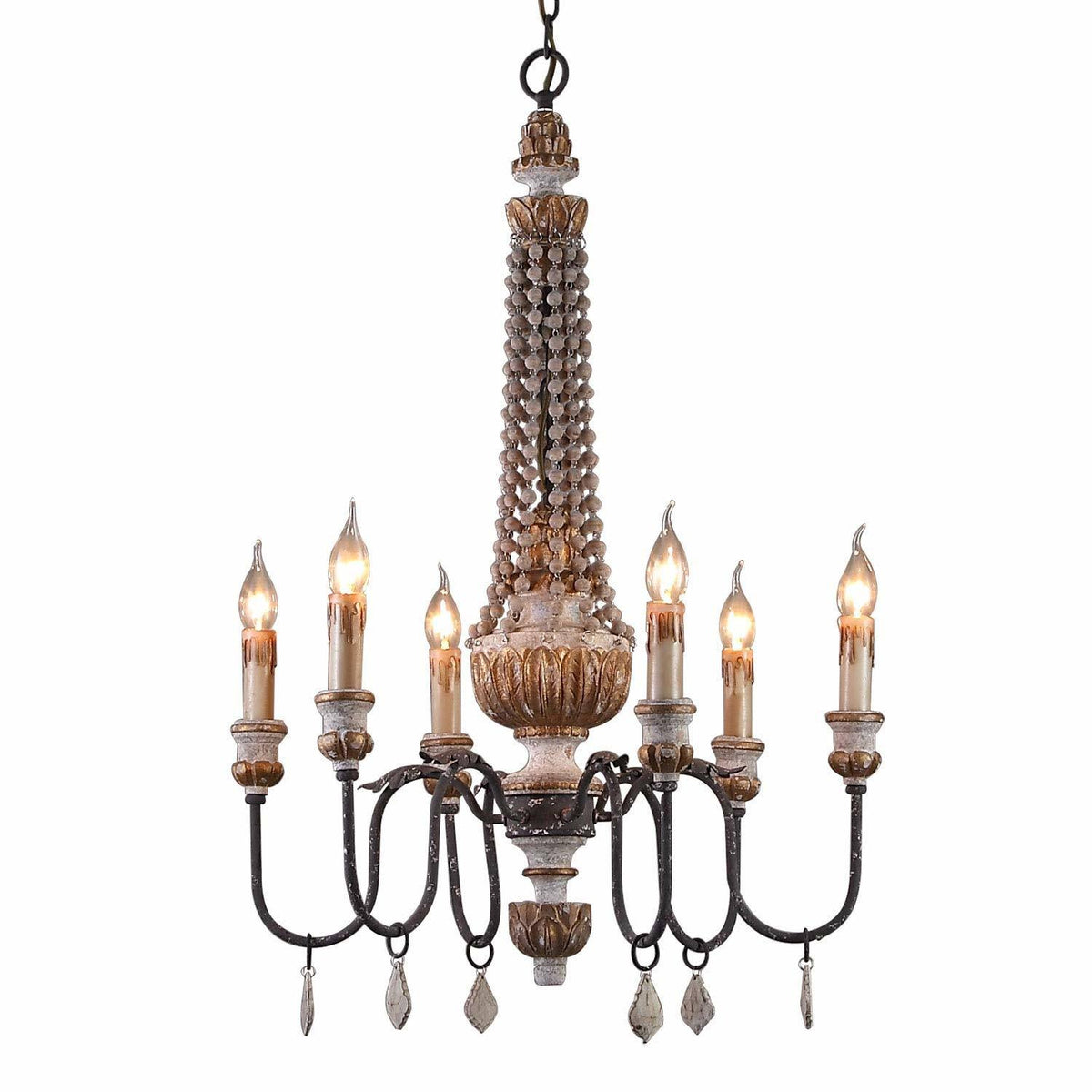 Retro Rustic 6-Light Wood Metal Crystal Candle Style Chandelier N52511
