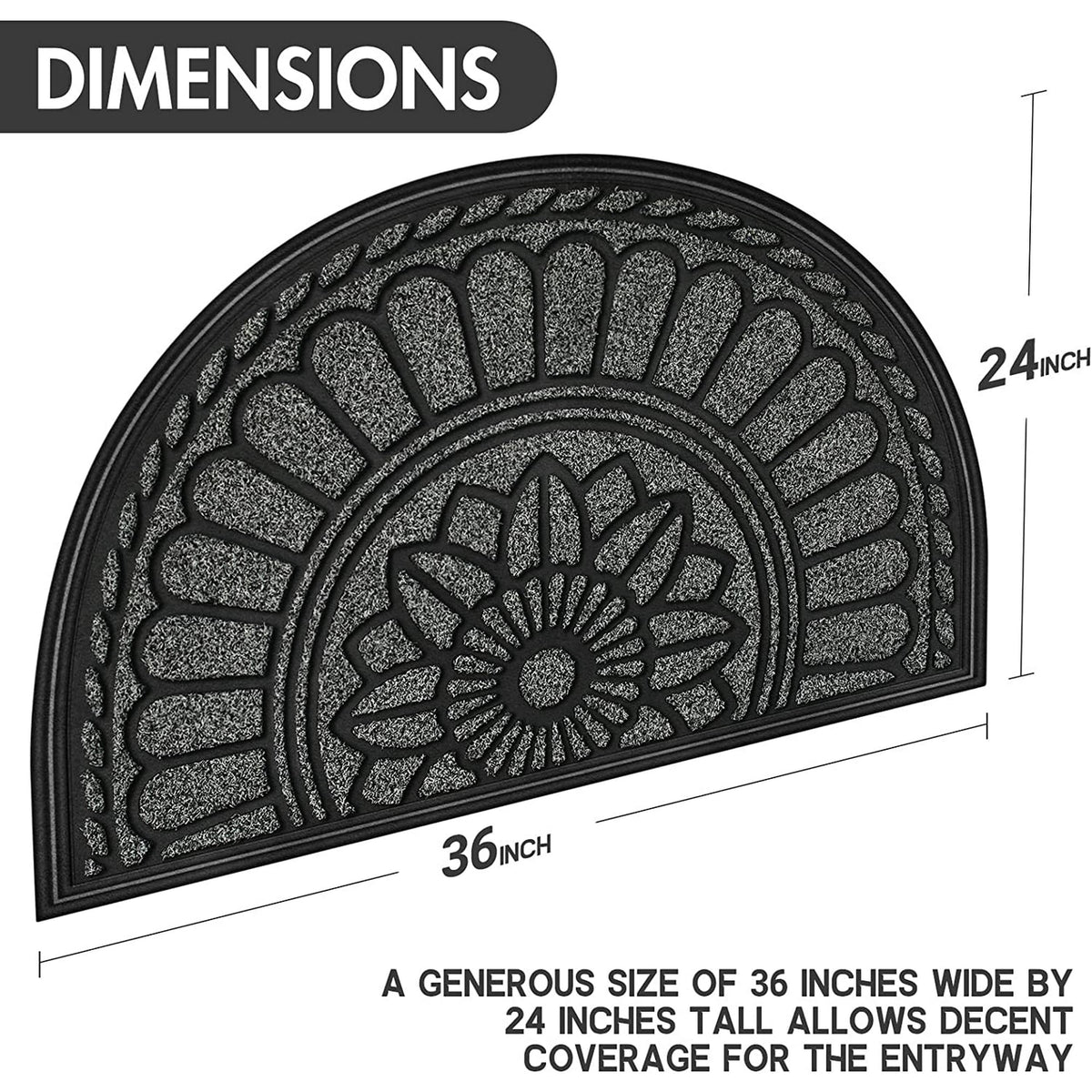 Half Round Door Mat, Non-Slip Rubber Low-Profile Doormat, 23.5" x 35.5", Gray T576